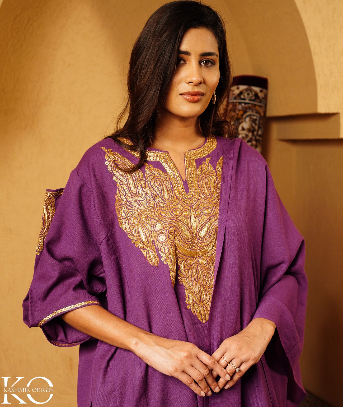 Purple Tilla Embroidered Pure Woolen Pheran Set With Shawl | Tradational Quraab Sleeve Design