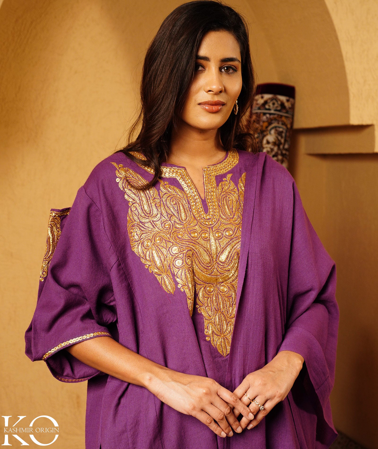 Purple Tilla Embroidered Pure Woolen Pheran Set With Shawl | Tradational Quraab Sleeve Design