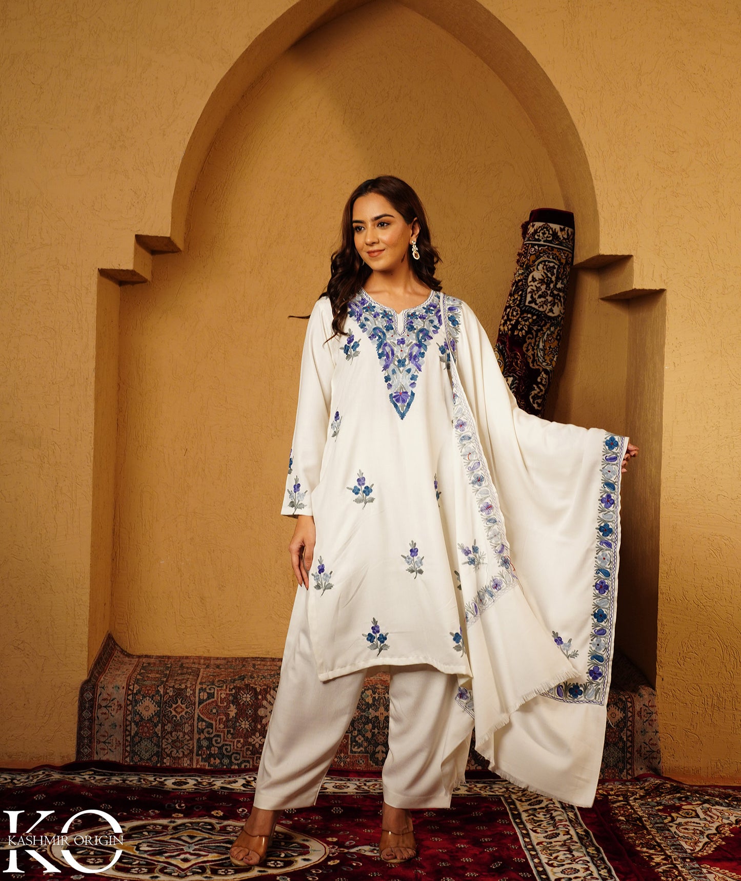 White & Blue Aari Embroidered Woolen Suit With Shawl