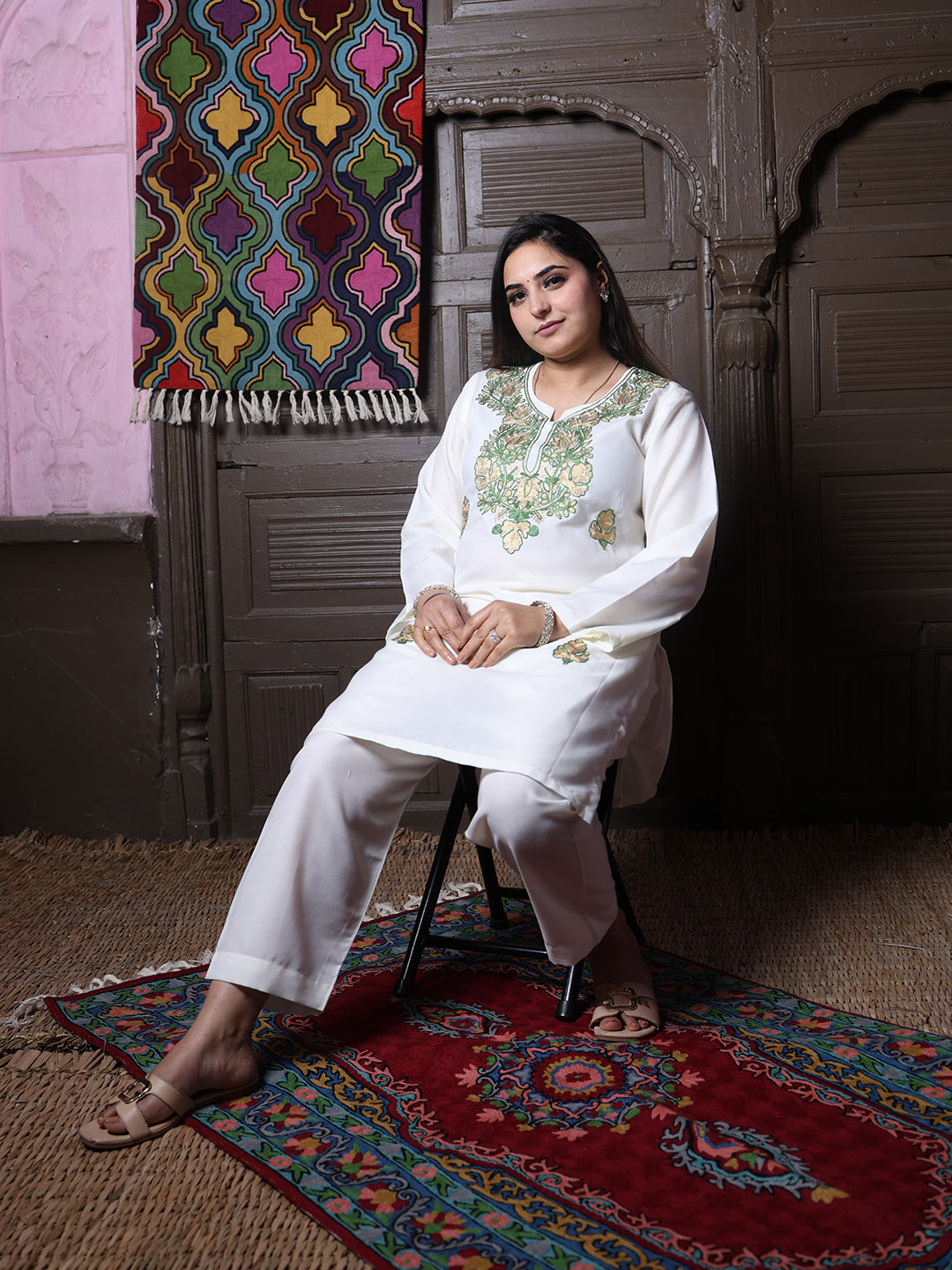 Off-White Zari & Green Aari Embroidered Kashmiri Cotton Co-Ord Set