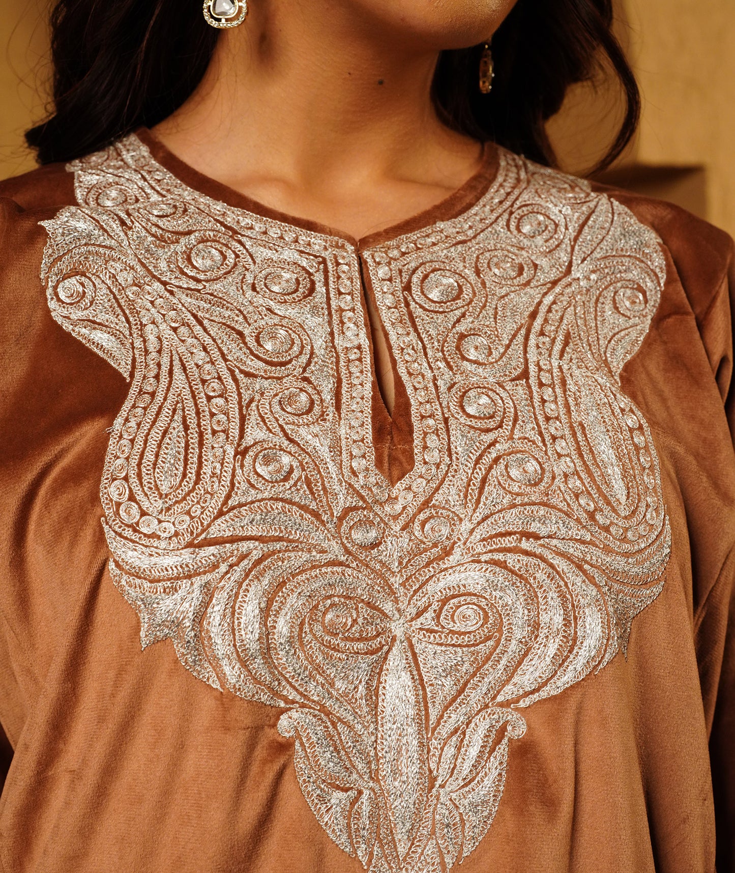 Golden Brown Tilla Embroidered Velvet Kashmiri Pheran