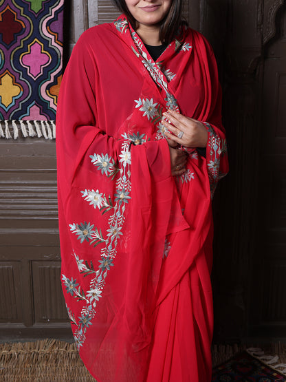 Crimson Georgette Saree with Sage Aari Floral Vines