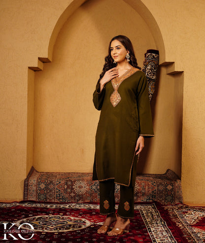 Olive Green Tilla Embroidered Woolen Co-ord Set