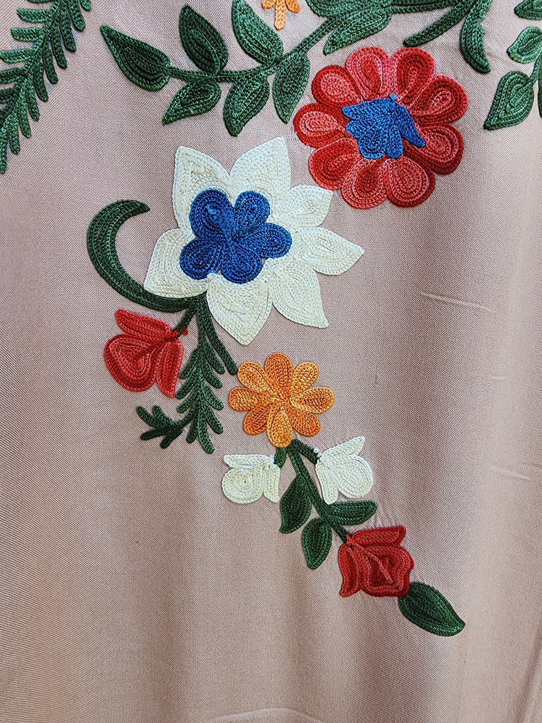 Light Rose Pink Aari Embroidered Floral Spray Rayon Cotton Kaftan with