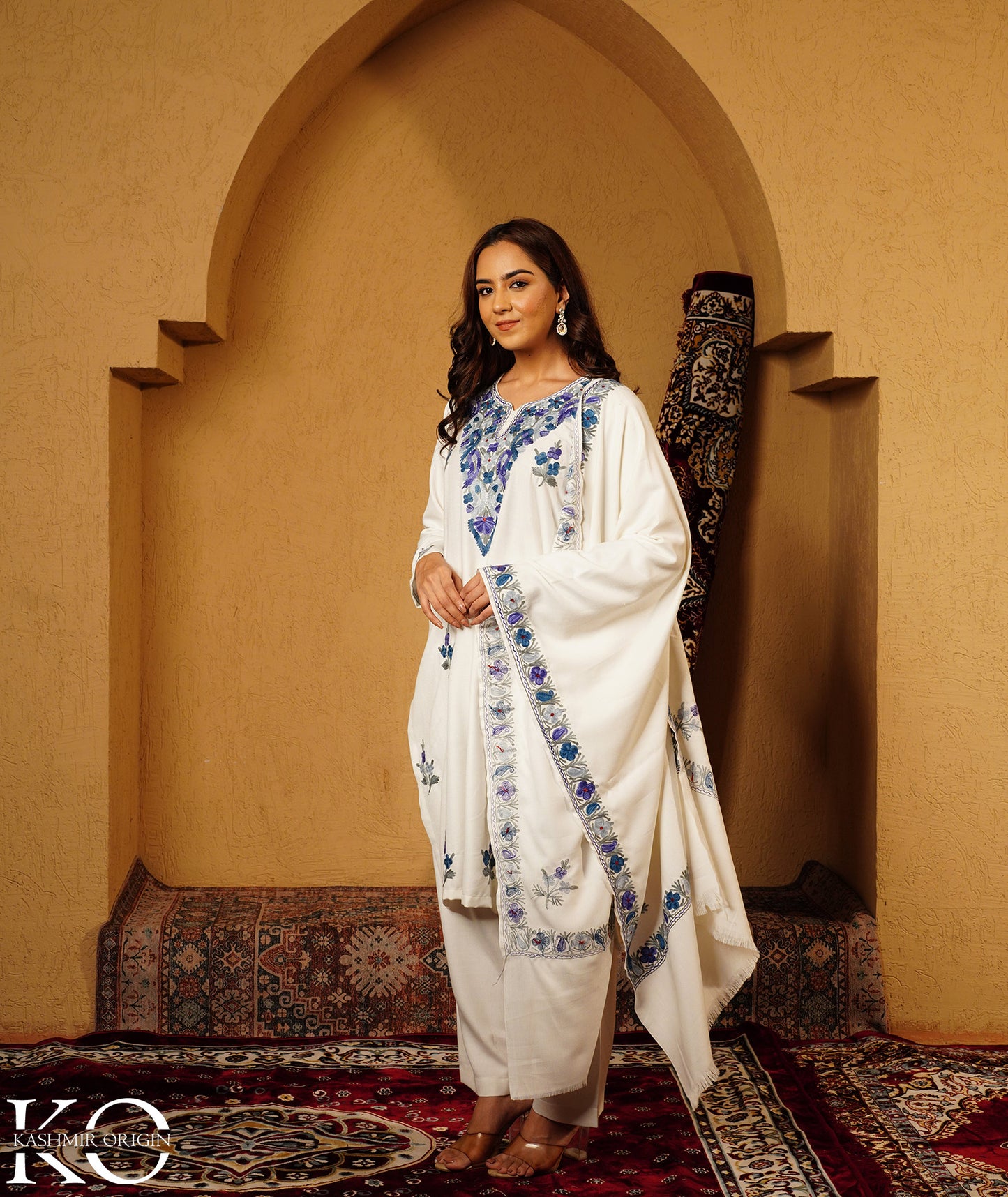 White & Blue Aari Embroidered Woolen Suit With Shawl