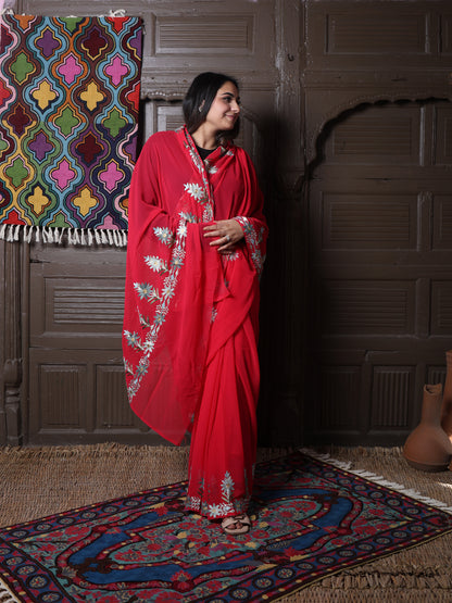 Crimson Georgette Saree with Sage Aari Floral Vines