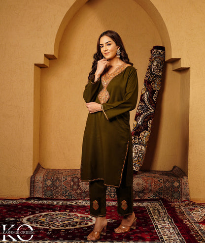 Olive Green Tilla Embroidered Woolen Co-ord Set