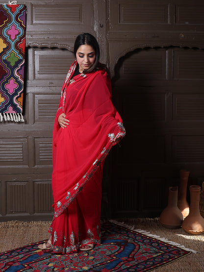Crimson Georgette Saree with Sage Aari Floral Vines
