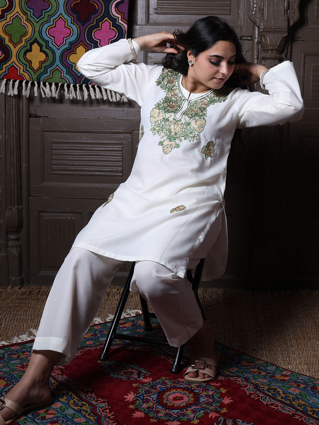 Off-White Zari & Green Aari Embroidered Kashmiri Cotton Co-Ord Set