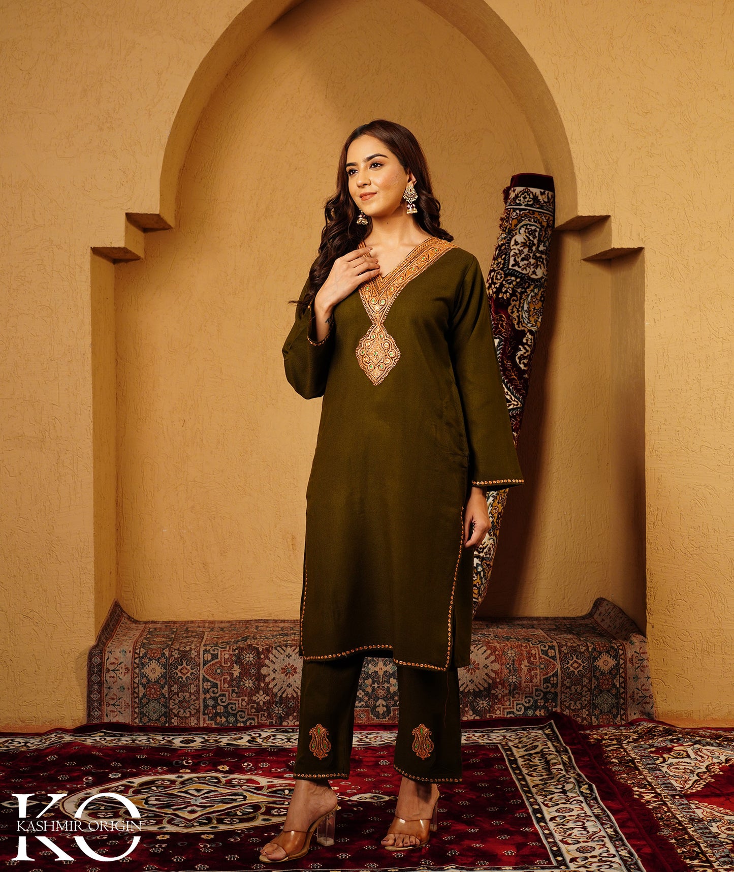 Olive Green Tilla Embroidered Woolen Co-ord Set