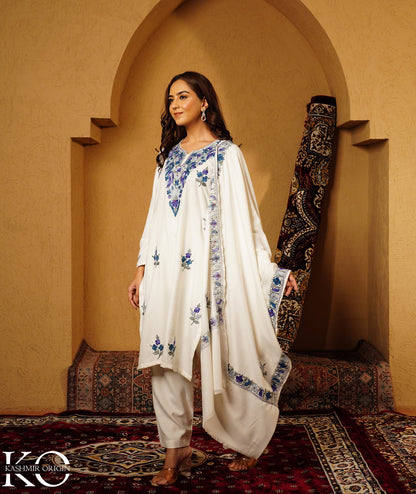 White & Blue Aari Embroidered Woolen Suit With Shawl