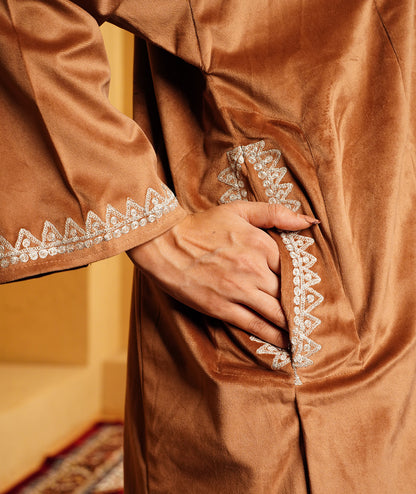 Golden Brown Tilla Embroidered Velvet Kashmiri Pheran