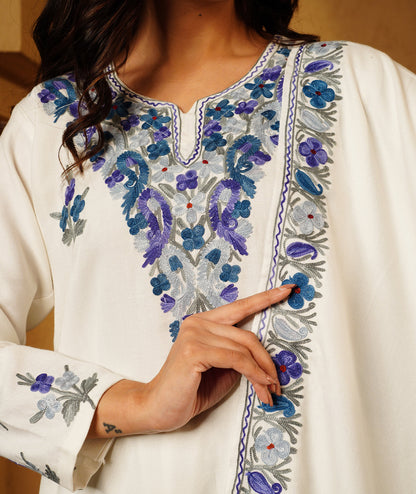 White & Blue Aari Embroidered Woolen Suit With Shawl
