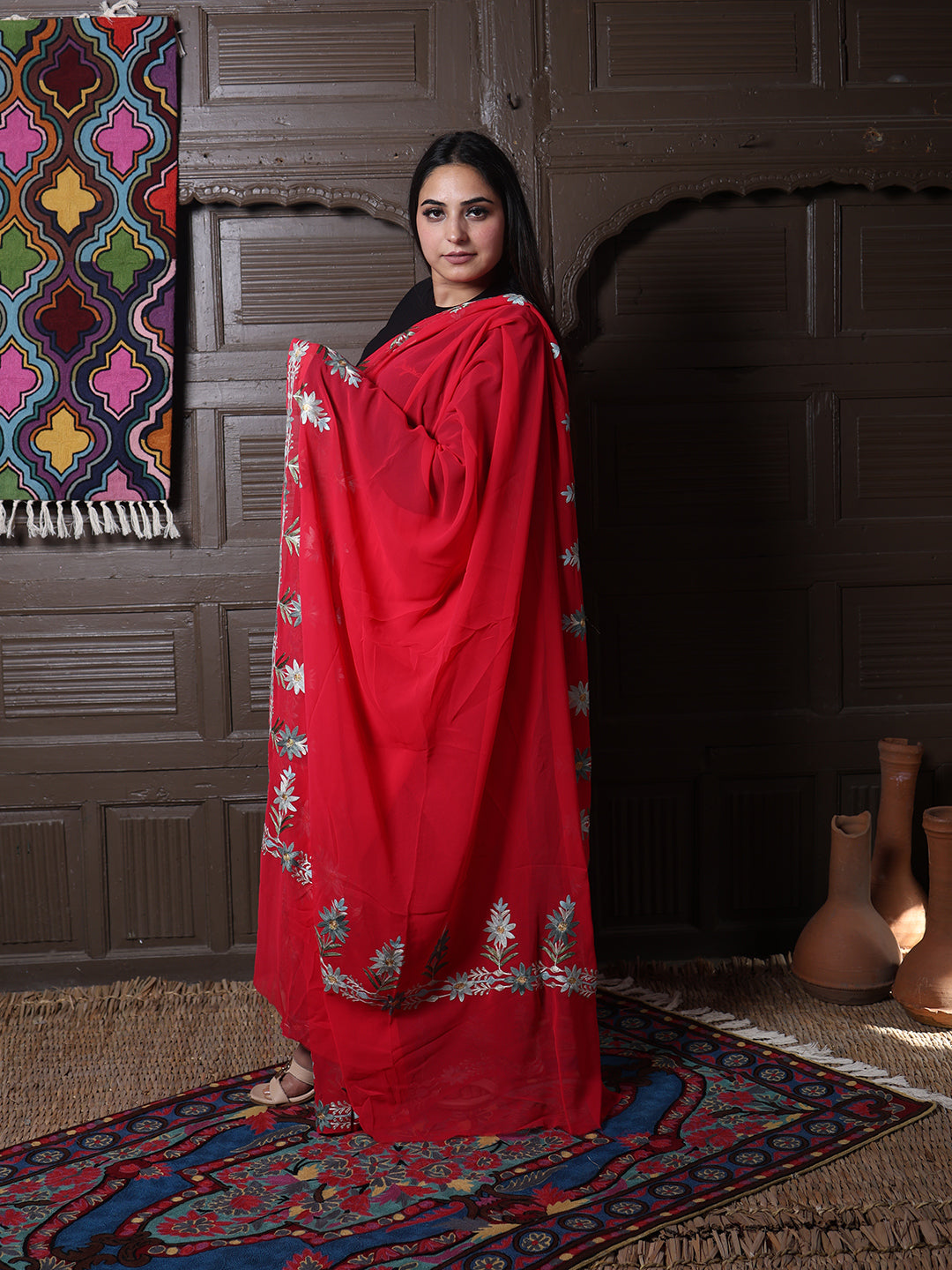 Crimson Georgette Saree with Sage Aari Floral Vines