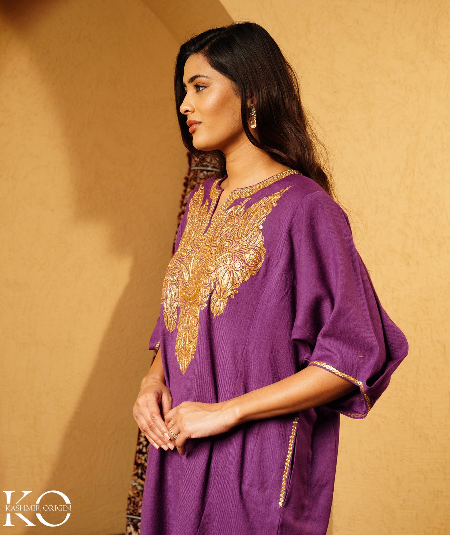 Purple Tilla Embroidered Pure Woolen Pheran Set With Shawl | Tradational Quraab Sleeve Design