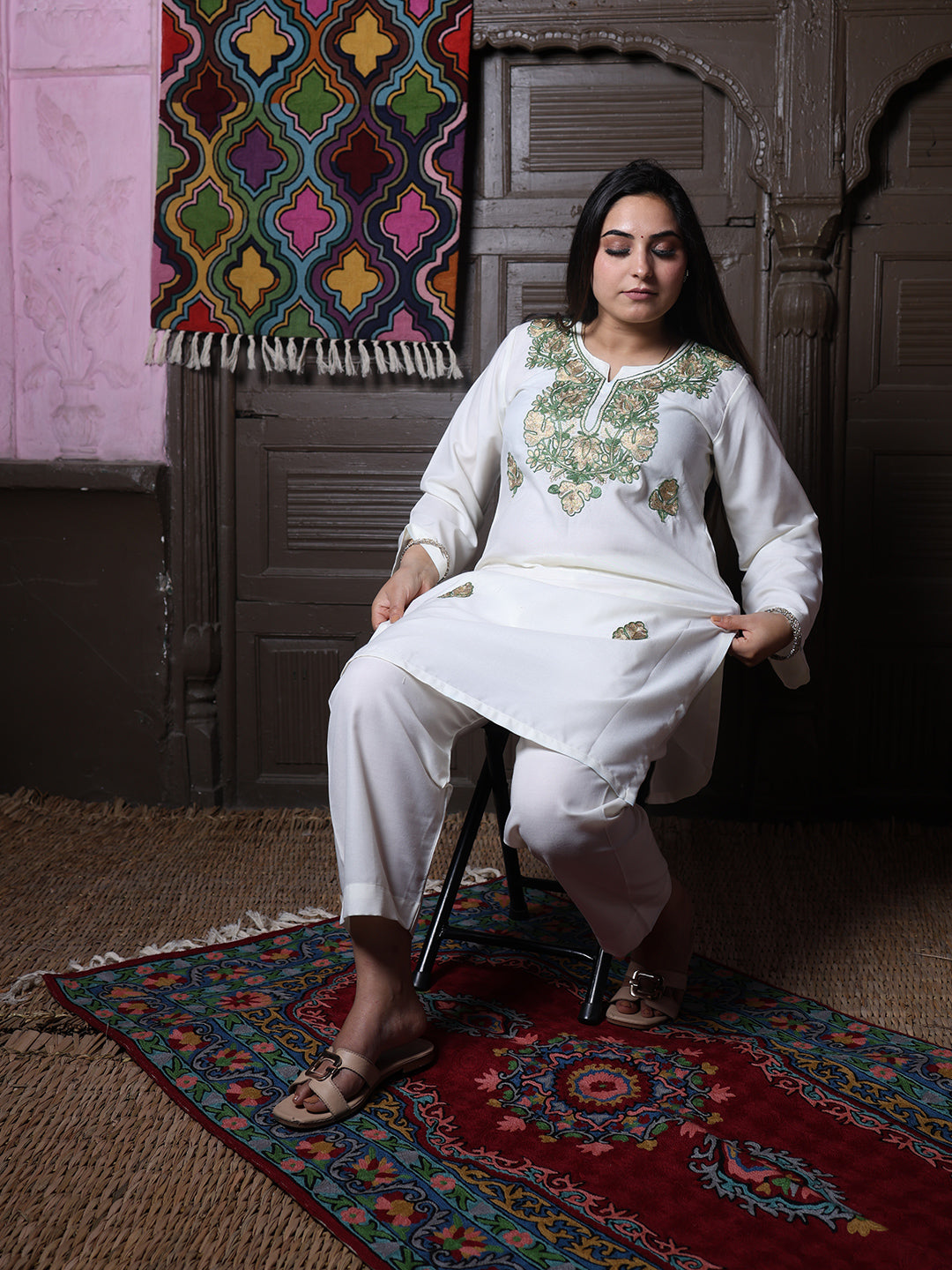 Off-White Zari & Green Aari Embroidered Kashmiri Cotton Co-Ord Set
