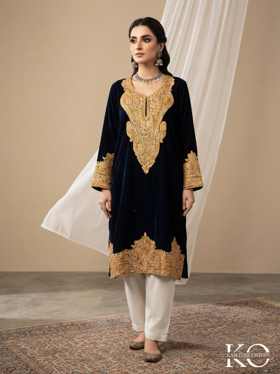 Blue heavy Tilla velvet phiran – bridal Kashmiri wear