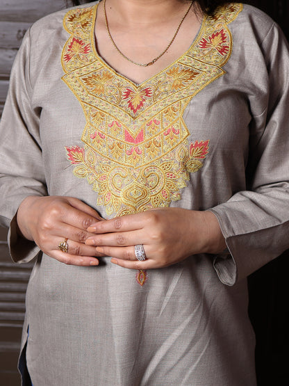 Stone Beige Gold Aari Embroidered Kashmiri Silk Kurti