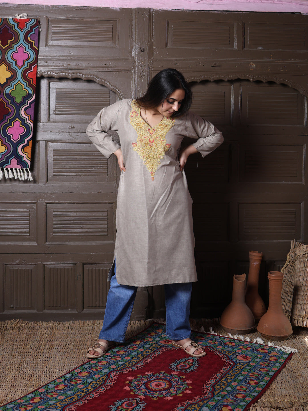Stone Beige Gold Aari Embroidered Kashmiri Silk Kurti