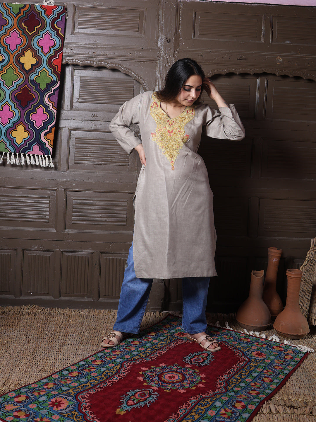 Stone Beige Gold Aari Embroidered Kashmiri Silk Kurti