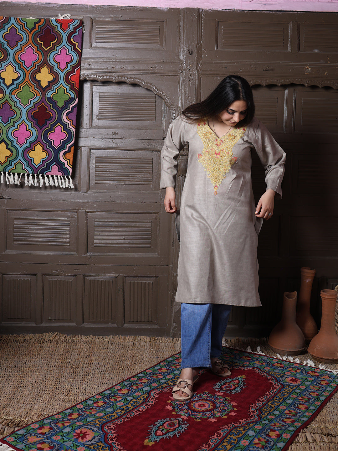 Stone Beige Gold Aari Embroidered Kashmiri Silk Kurti