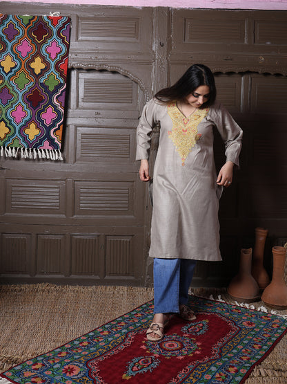 Stone Beige Gold Aari Embroidered Kashmiri Silk Kurti