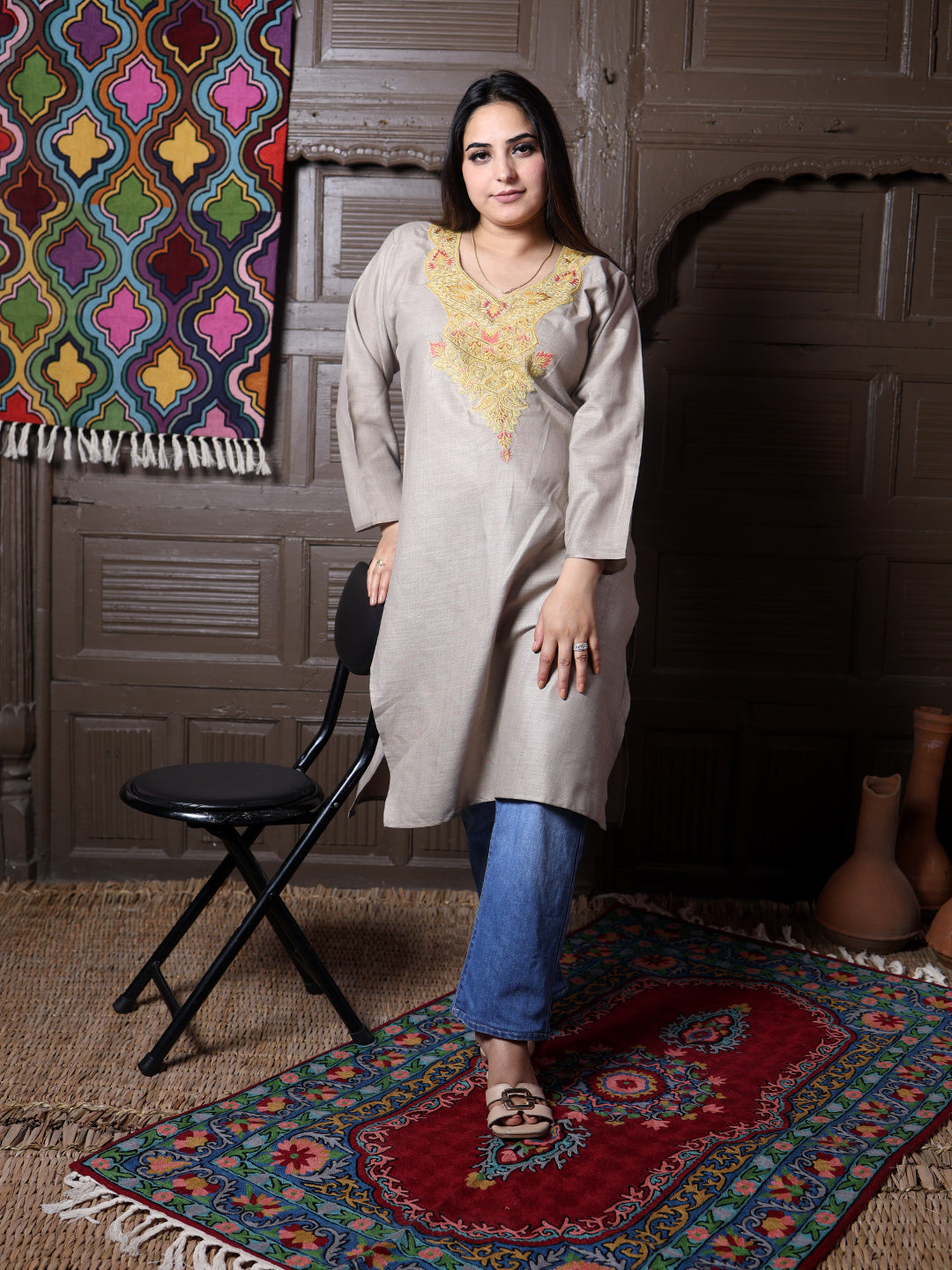 Stone Beige Gold Aari Embroidered Kashmiri Silk Kurti