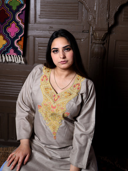 Stone Beige Gold Aari Embroidered Kashmiri Silk Kurti