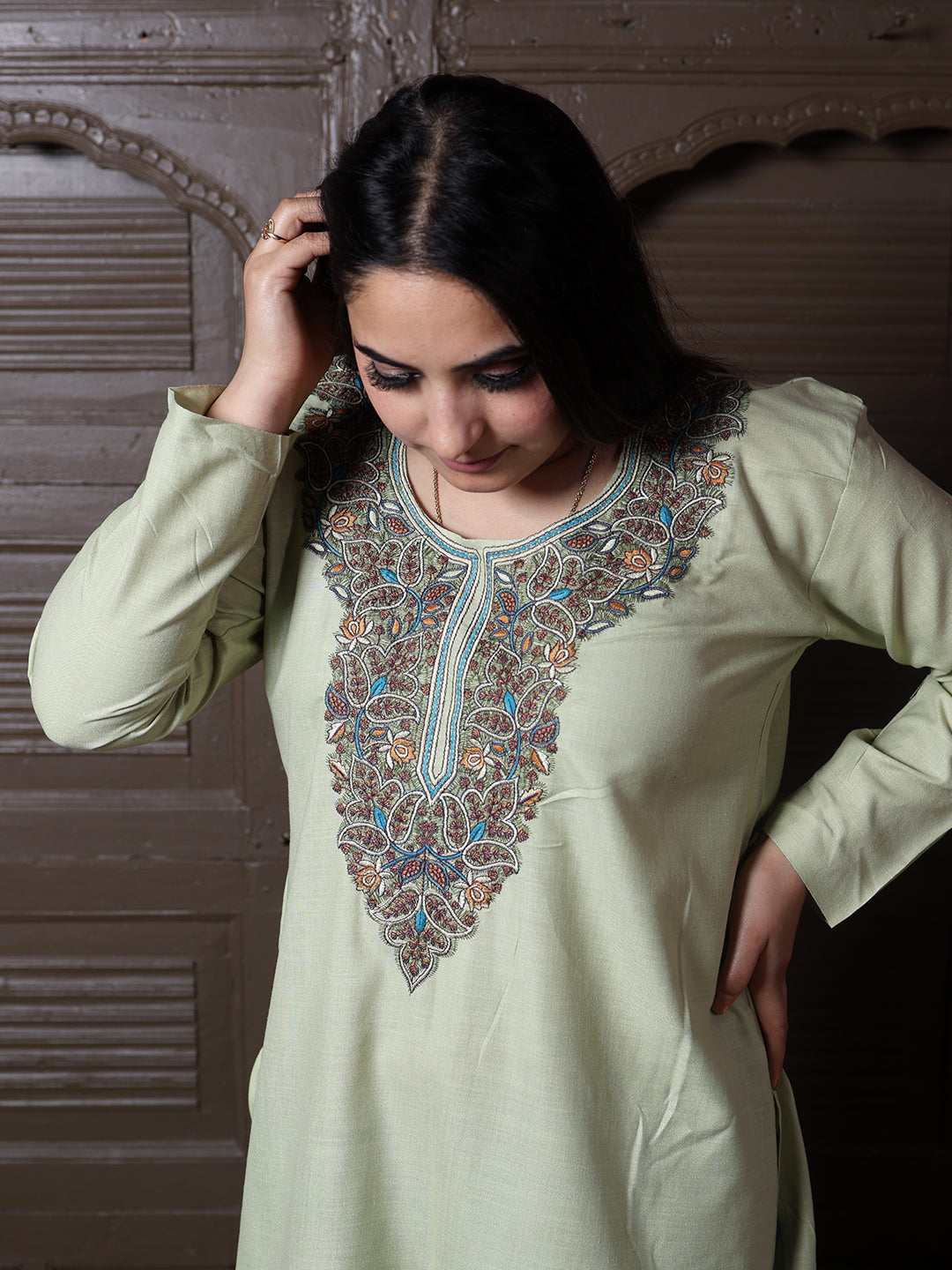 Stone Beige Gold Aari Embroidered Kashmiri Silk Kurti
