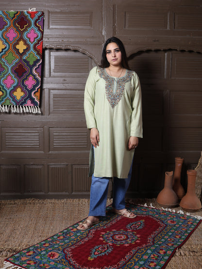 Stone Beige Gold Aari Embroidered Kashmiri Silk Kurti