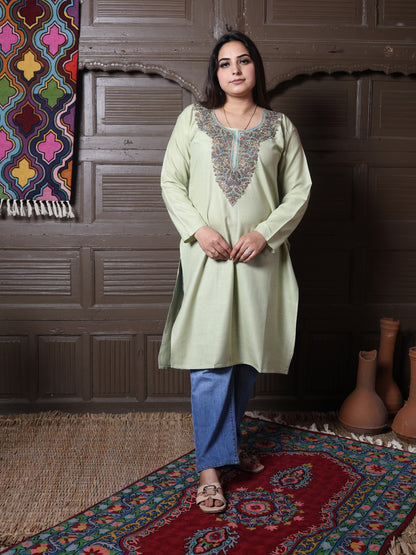 Stone Beige Gold Aari Embroidered Kashmiri Silk Kurti