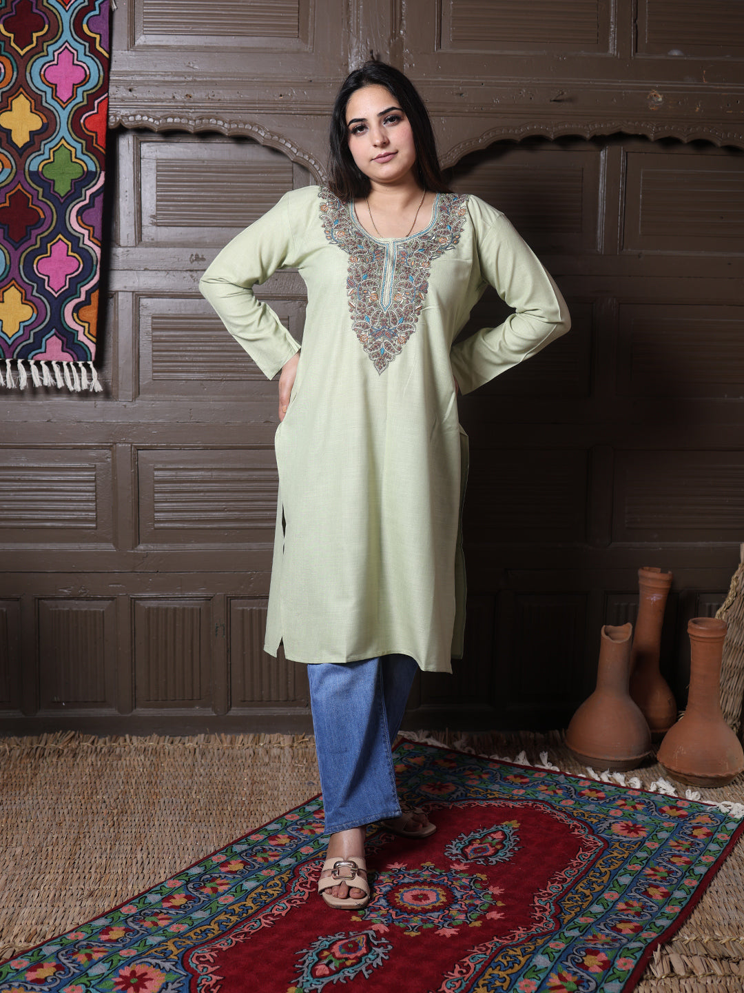 Stone Beige Gold Aari Embroidered Kashmiri Silk Kurti