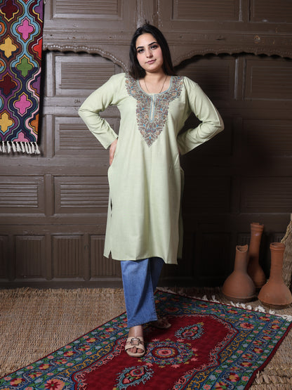 Stone Beige Gold Aari Embroidered Kashmiri Silk Kurti