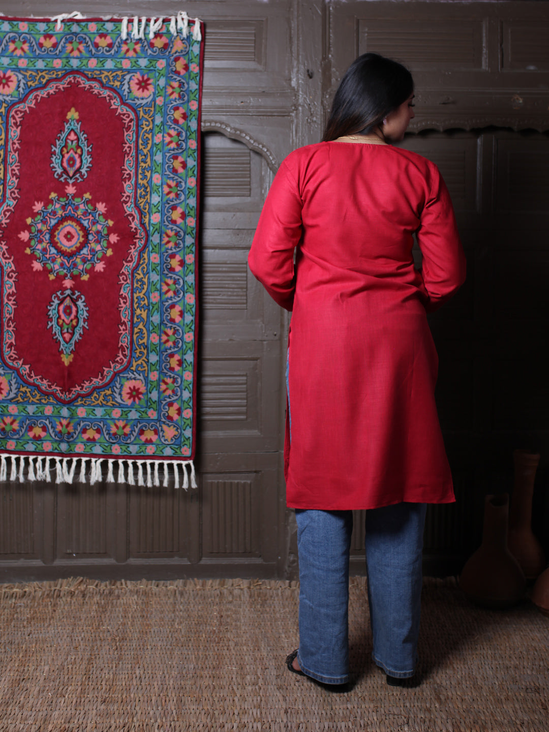 Red Multicolour Aari Embroidered Kashmiri Cotton Kurti