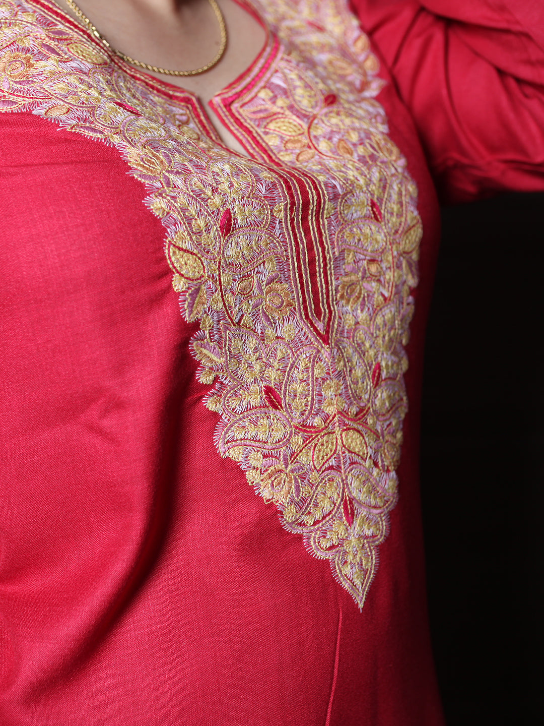 Red Multicolour Aari Embroidered Kashmiri Cotton Kurti