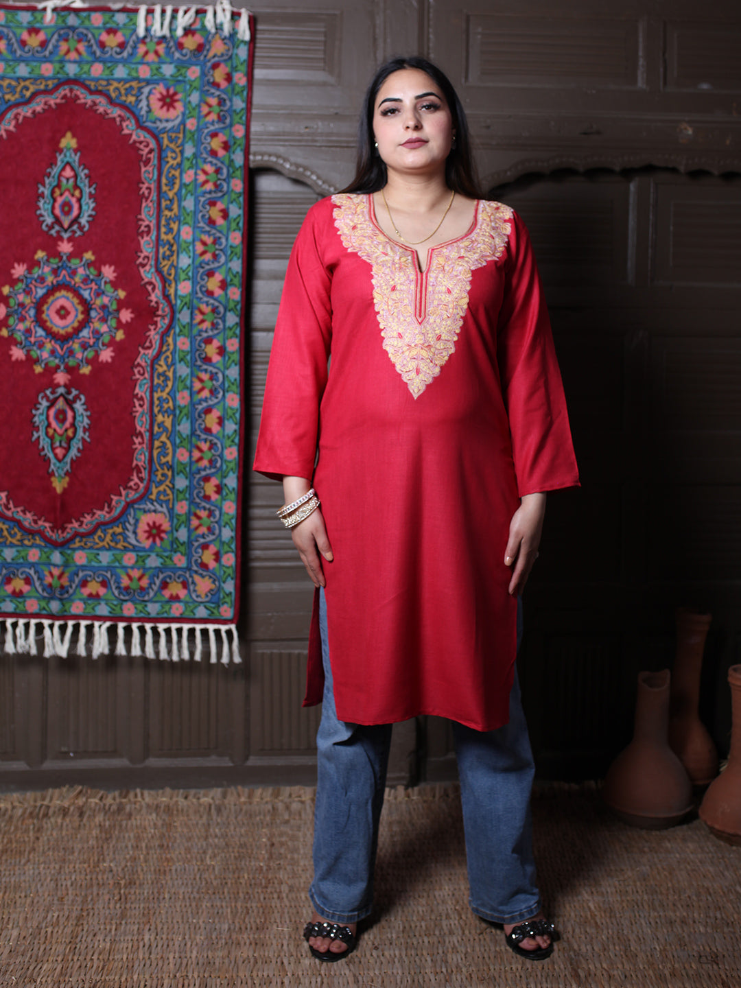 Red Multicolour Aari Embroidered Kashmiri Cotton Kurti
