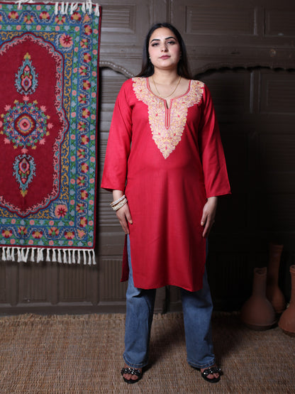 Red Multicolour Aari Embroidered Kashmiri Cotton Kurti