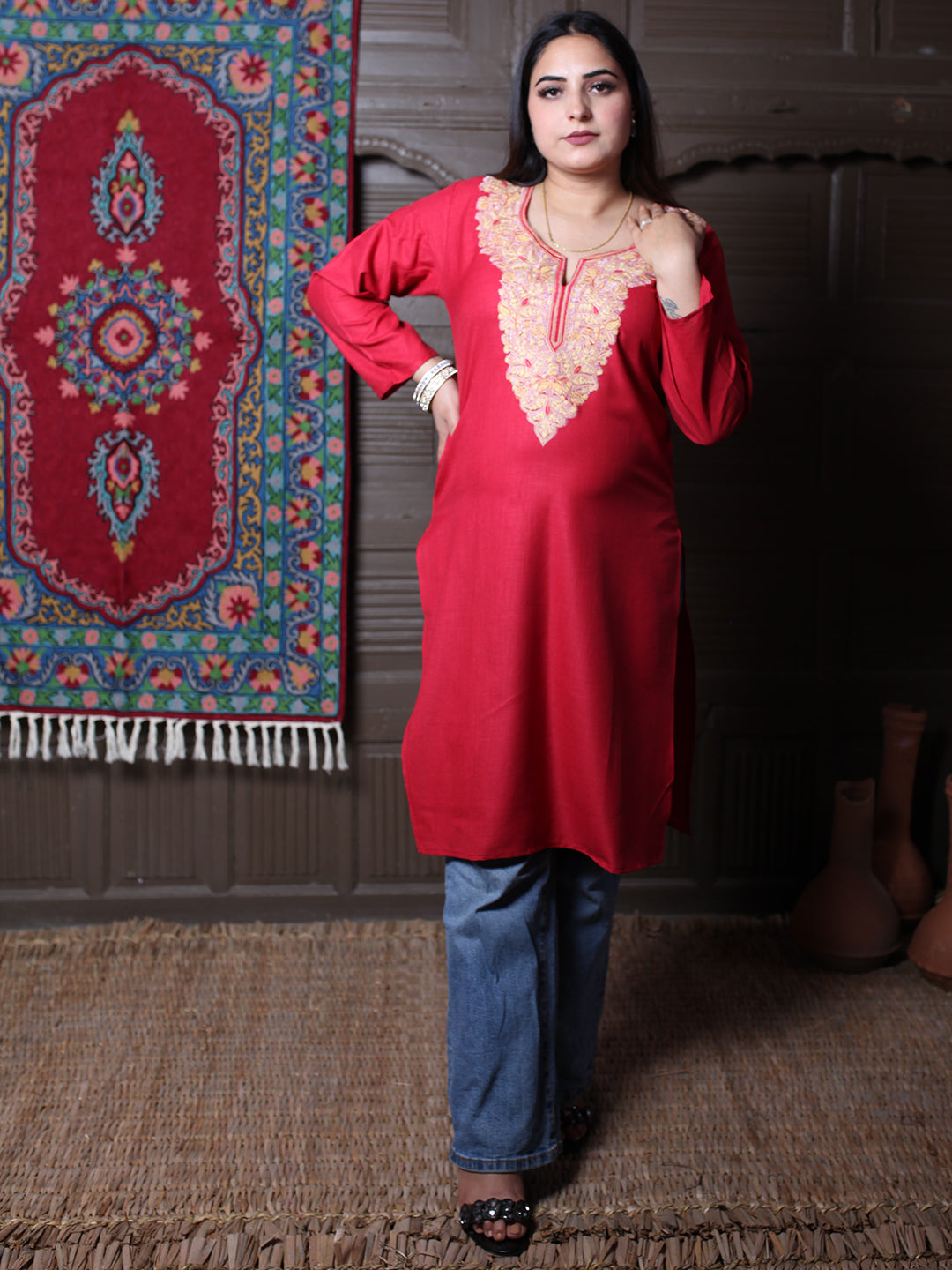 Red Multicolour Aari Embroidered Kashmiri Cotton Kurti