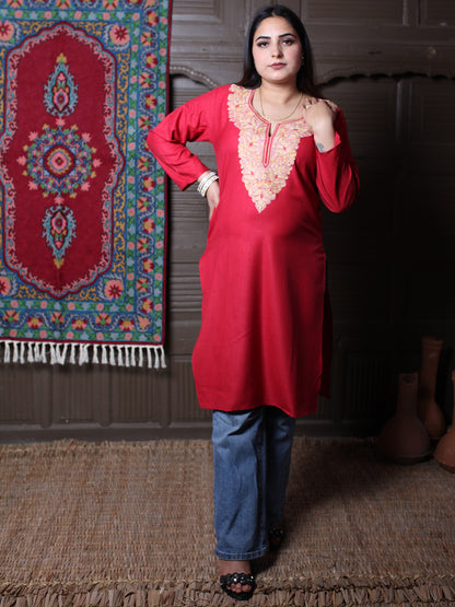 Red Multicolour Aari Embroidered Kashmiri Cotton Kurti