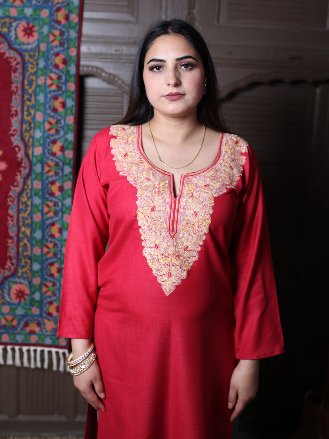 Red Multicolour Aari Embroidered Kashmiri Cotton Kurti