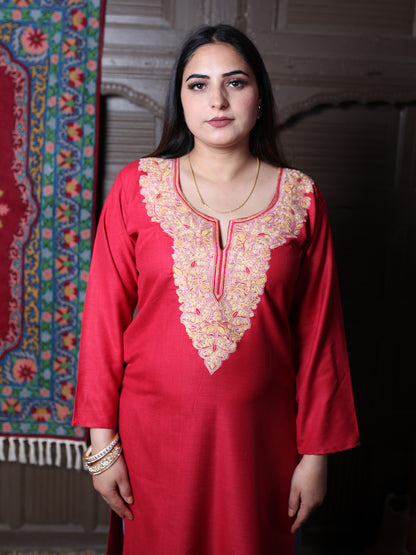 Red Multicolour Aari Embroidered Kashmiri Cotton Kurti