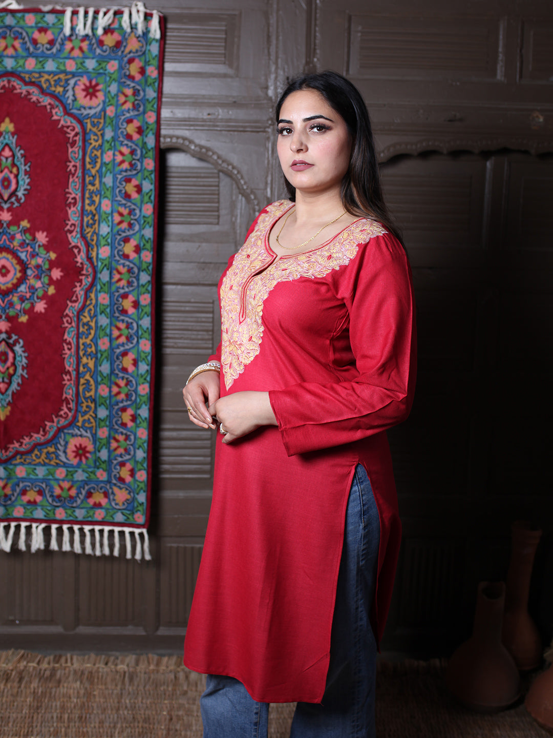 Red Multicolour Aari Embroidered Kashmiri Cotton Kurti