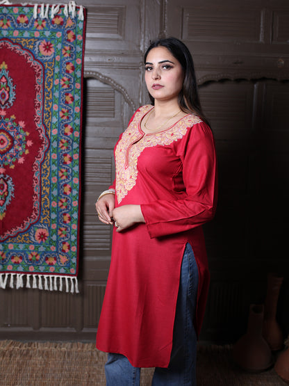 Red Multicolour Aari Embroidered Kashmiri Cotton Kurti