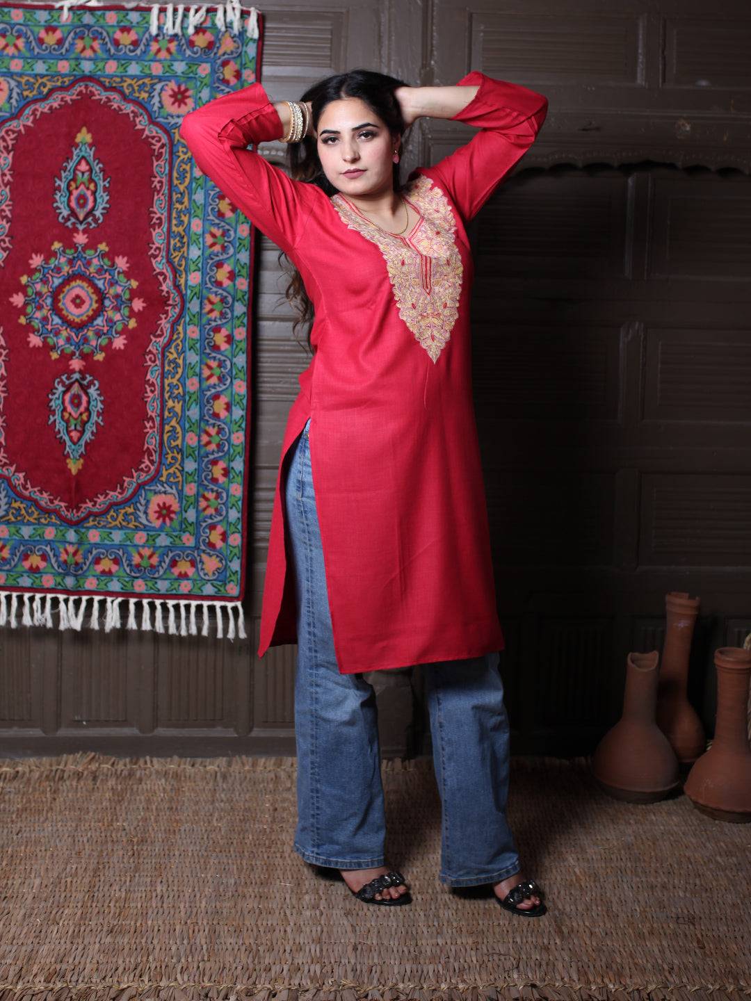 Red Multicolour Aari Embroidered Kashmiri Cotton Kurti