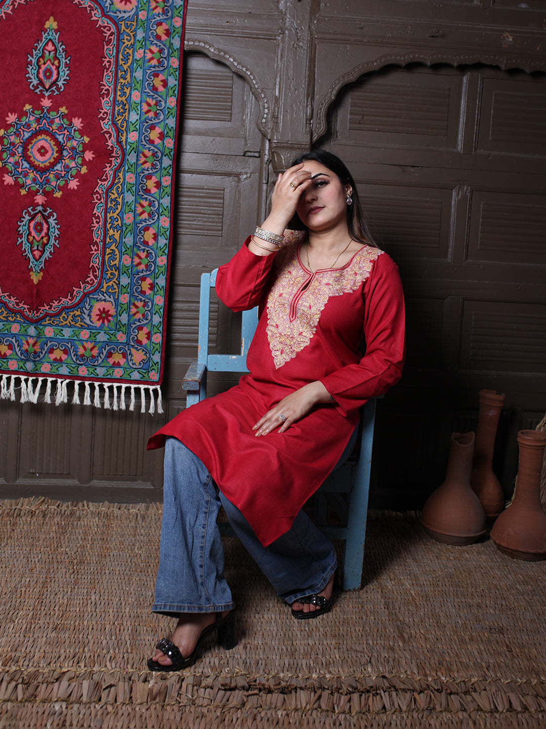 Red Multicolour Aari Embroidered Kashmiri Cotton Kurti