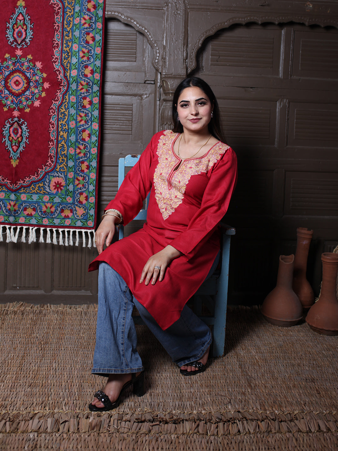Red Multicolour Aari Embroidered Kashmiri Cotton Kurti