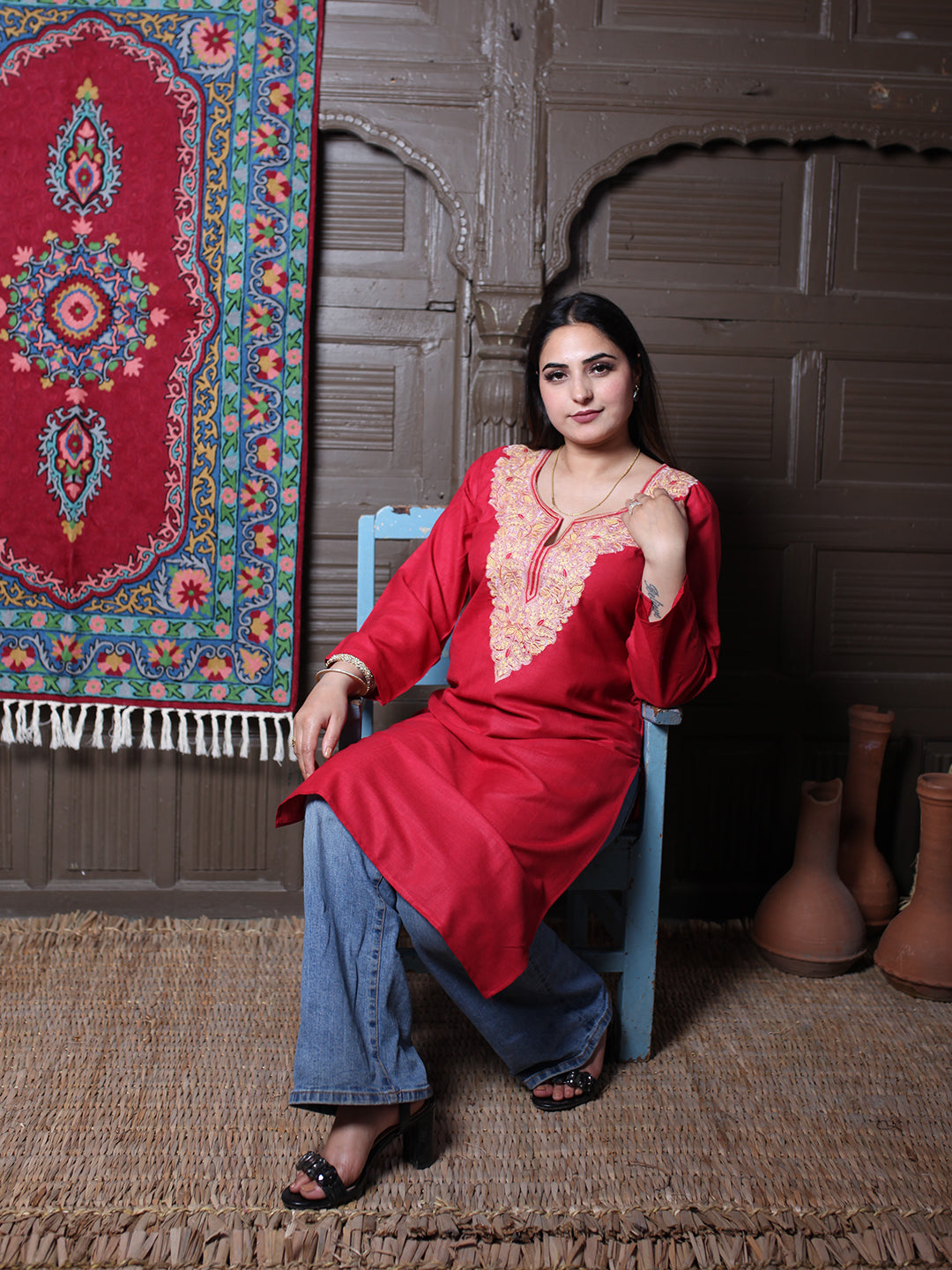 Red Multicolour Aari Embroidered Kashmiri Cotton Kurti