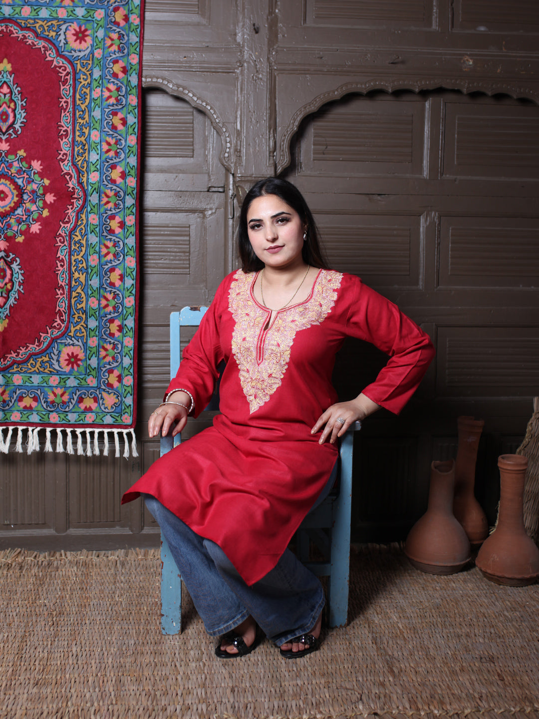 Red Multicolour Aari Embroidered Kashmiri Cotton Kurti