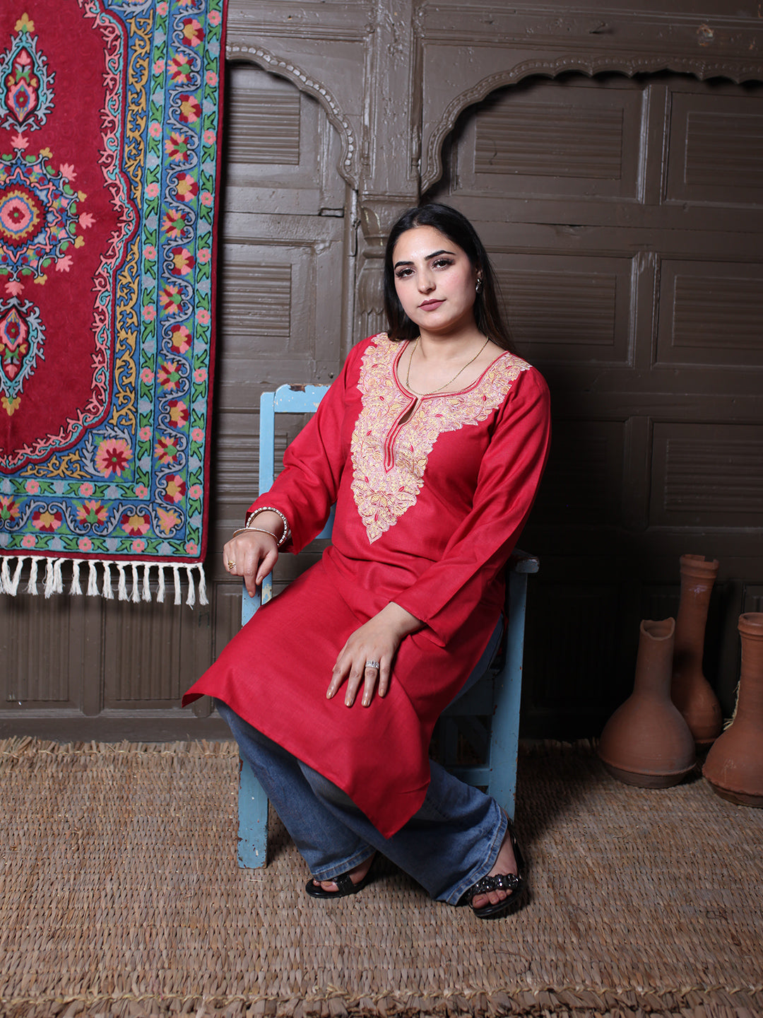Red Multicolour Aari Embroidered Kashmiri Cotton Kurti