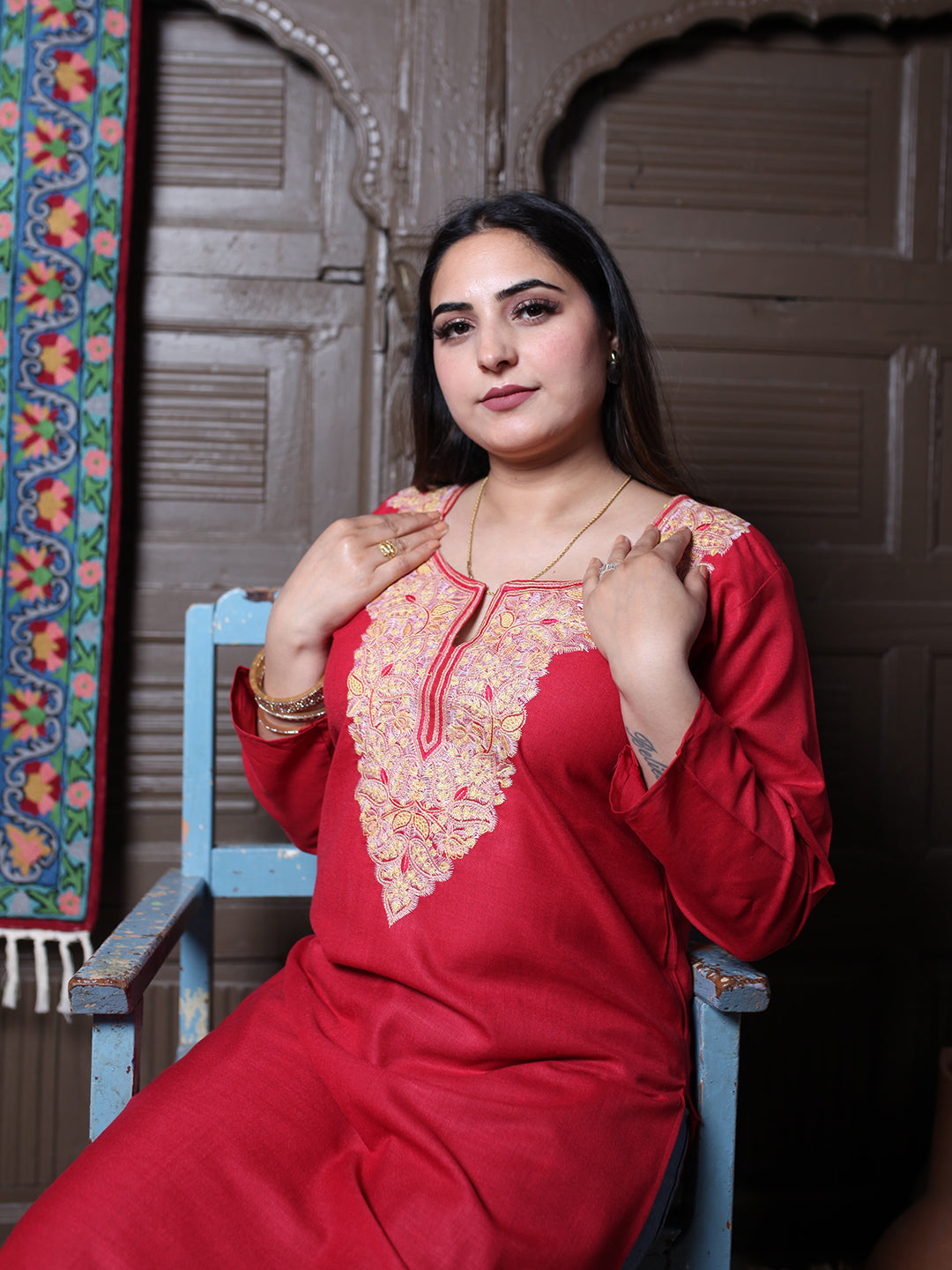 Red Multicolour Aari Embroidered Kashmiri Cotton Kurti
